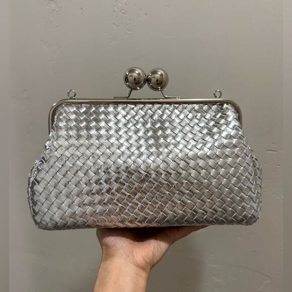 Stunning Silver Woven Leather Handmade Large Ball Kisslock Purse/Multi Use Bag - Picture 3 of 12